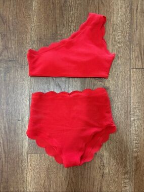Red One-Shoulder Scalloped Bikini Set